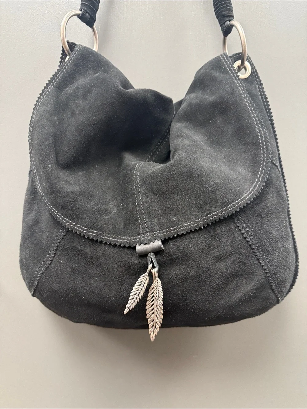 Vintage Lucky Brand Black Suede Hobo with Braided Strap and Leaf Charms- EU